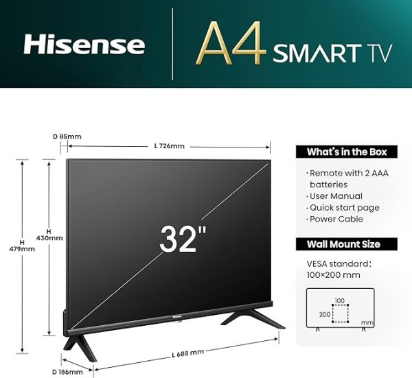 Hisense 32 Inch Smart TV 32A4NTUK - HD Resolution, Natural Colour Enhancer, DTS Virtual:X & Dolby Audio, AI Sports Mode, VIDAA OS with Youtube, Netflix and Disney+ and Freeview Play (2024 Model) [Energy Class F] - Image 2