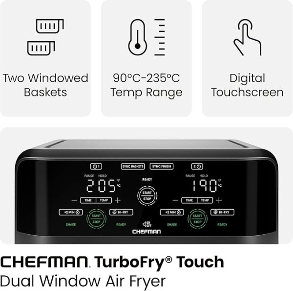 CHEFMAN 5.6L Dual Air Fryer Oven, Dishwasher Safe Frying Baskets, Double Air Fryer with Sync Finish, Hi-Fry, Auto Shutoff and Easy View Windows, Black - Image 2