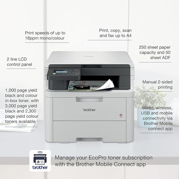 Brother DCP-L3520CDWE 3-in-1 Colour Wireless LED Printer with EcoPro Subscription, Print, copy & scan, USB 2.0, A4, 4 month free trial, Automatic toner delivery, UK Plug - Image 2