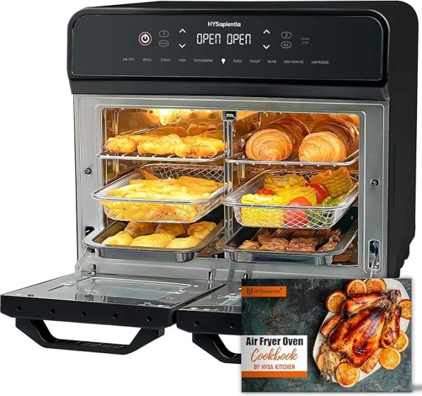 HYSapientia® 22L Dual Zone Air Fryer Oven With Rotisserie,Large Double Air fryers Mini Oven Digital 2400W 10 in 1 Airfryer Countertop Convection Oven electric and grill, Stainless Steel,13 Accessories