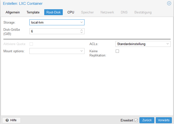 Festplatte unter Proxmox für den Container erstellen