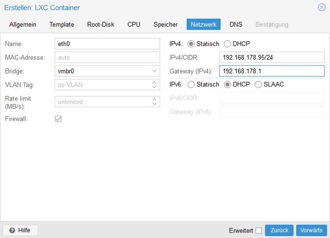 Netzwerkkonfiguration für einen LXC unter Proxmox