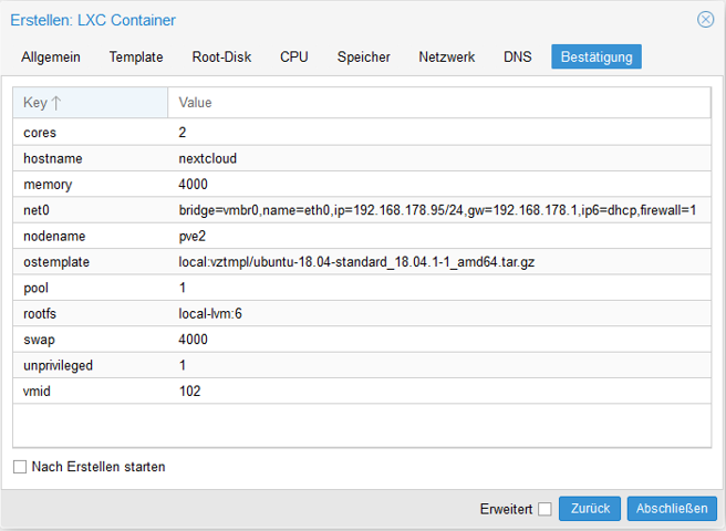 Abschließende Konfiguration für die Erstellung eines LXC für die Nextcloud Installation