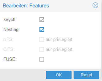 LXC Features für Nextcloud aktivieren