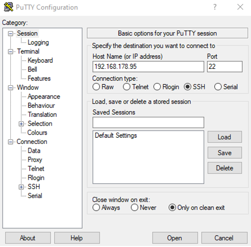 PuTTY ssh session aufbauen