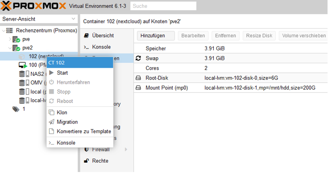 Container unter Proxmox starten