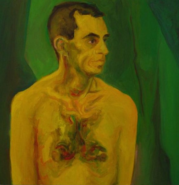 Man's portrait study using non-naturalistic colors. Pure yellow figure with greenish, ruddy and yellowish shades. Visible brushstrokes and lines, pure forms, green all-over background.