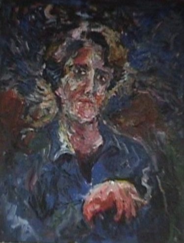 The figure of a woman surfaces from a dark background, her face is ruddy in the shadows of the night, she wears a blue shirt and holds a lit cigarette.