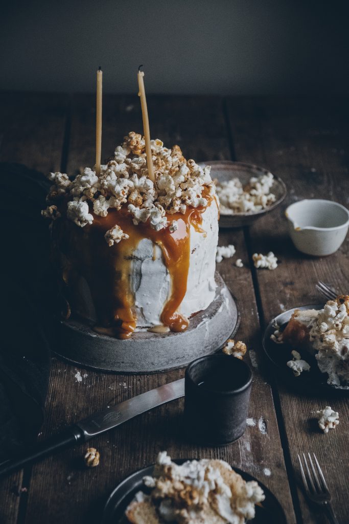 Vegan dulce de leche cake with caramel popcorn