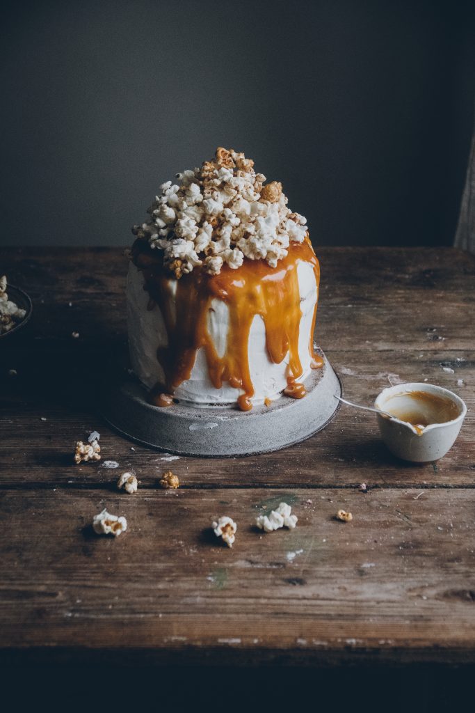 Vegan dulce de leche cake with caramel popcorn