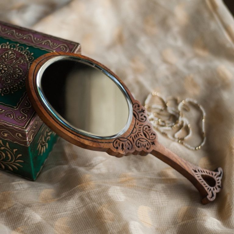 Wooden Engraved Handheld Mirror (Brown)