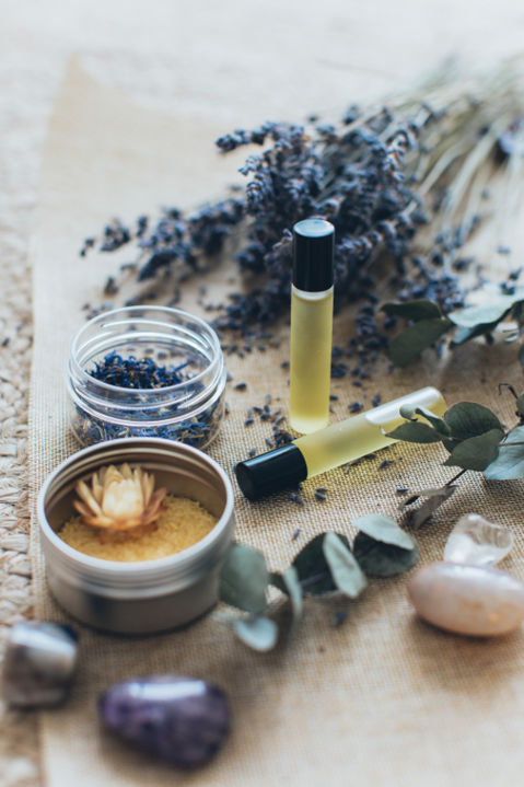 Holistic health and well-being with oils and lavender flowers