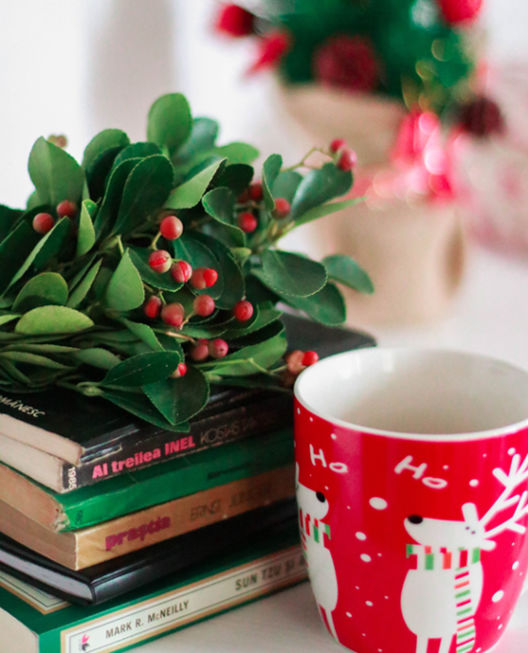Christmas books on top of eachother with a red christmas cup