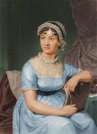 Jane Austen - A painting capturing the charm and wit of the literary icon sitting in a blue dress