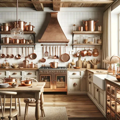 A farmhouse-style kitchen interior with copper accessories. This kitchen combines rustic charm with modern functionality.