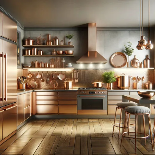 Kitchen interior with copper accessories. The kitchen has modern appliances, sleek countertops, and ample natural lighting. 