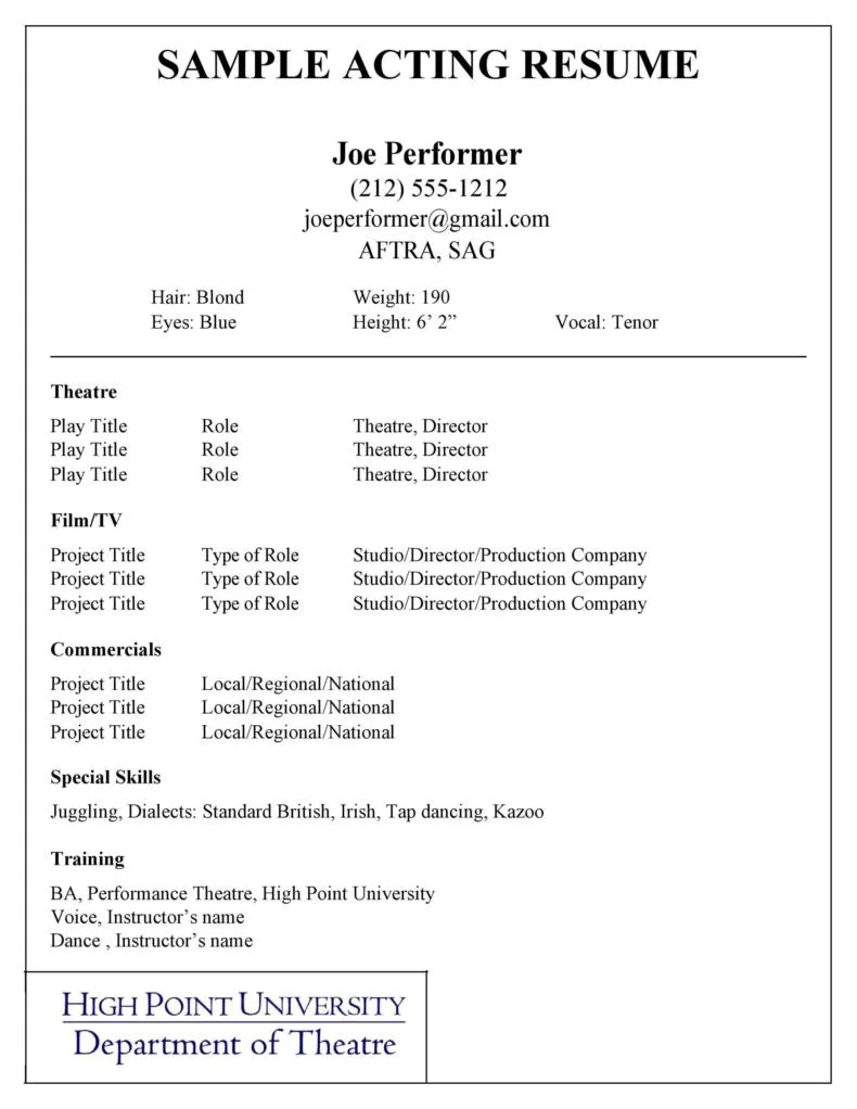 Sample acting resume to learn how to become an actor