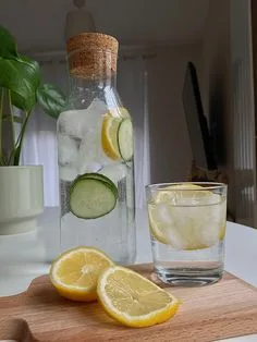 Lemon and cucumber water in a glass bottle