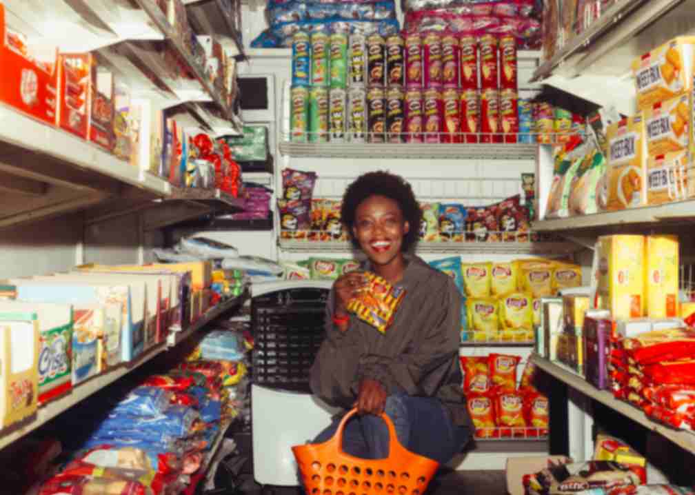 no-sped challenge. a woman buying groceries. 