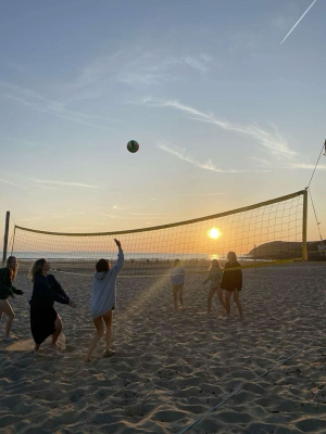 people playing volleyball on the beach