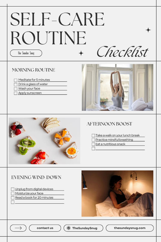 Self-care routine checklist with lists with self care itens to be done throughout the day
