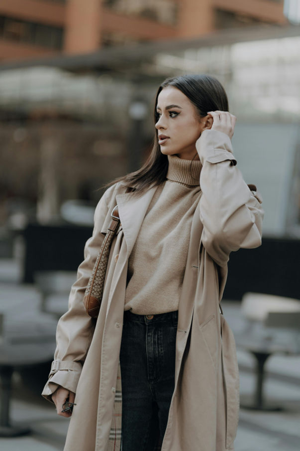 monochromatic look with brown winter coat and brown sweater fall 2024 fashion trends