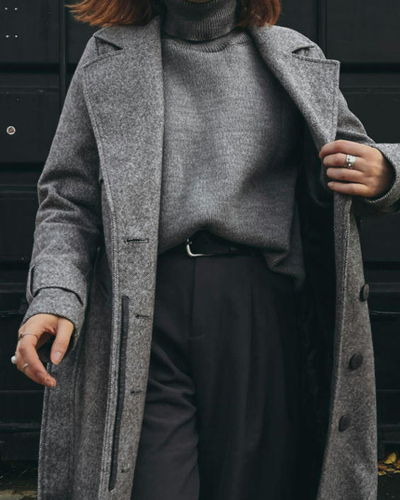 gray monochromatic look with a winter coat, sweater and black trousers fall 2024 fashion trends