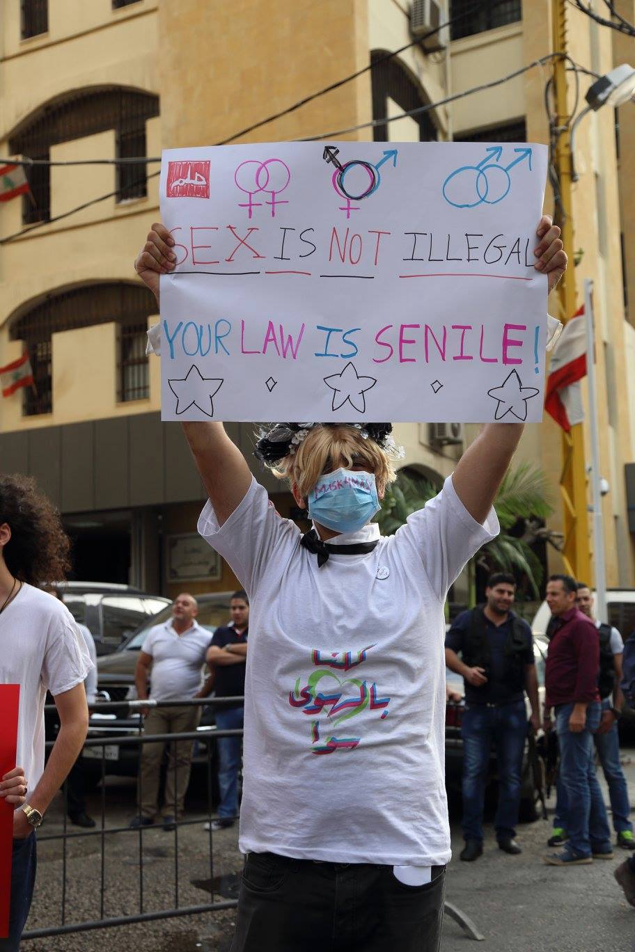 Protester at demonstration in Beirut on the International Day Against Homophobia and Transphobia 2016. Credit: Helem