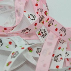 Cake and Cherry Printed Grosgrain Ribbon, White or Pink - 10mm, - 3 x1m, 5m