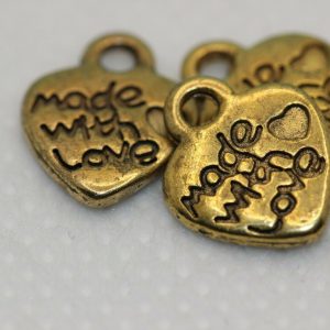 Heart with MADE WITH LOVE, Tibetan Style Alloy Charm, Golden,12x10x1.5mm - 2, 10