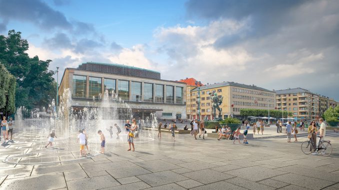 Götaplatsen med den lekfulla vattenanläggningen och den nya trappanläggningen kring Poseidon som byggs av befintlig Fjäråsgnejs. Visualisering: Nyréns Arkitektkontor