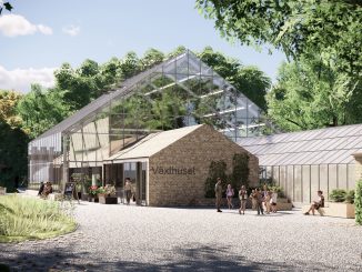 Nya palmhuset som planeras i Botaniska trädgården i Lund. Fotomontage: White Arkitekter