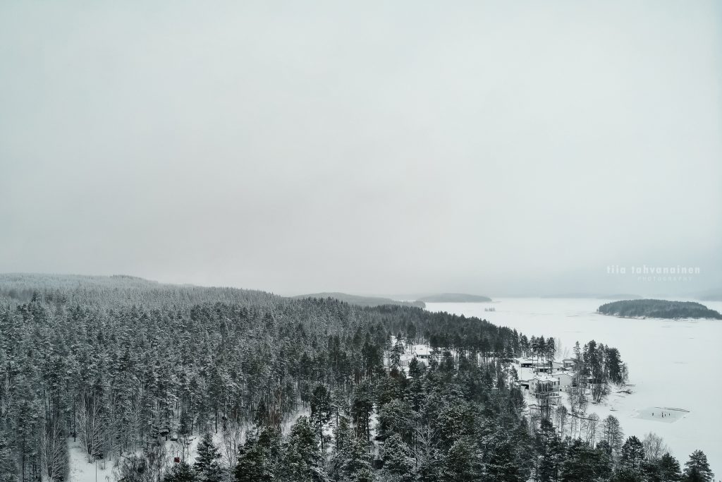 Dronekuva Säynätsalosta, Keski-Suomesta, talvimaisemaa