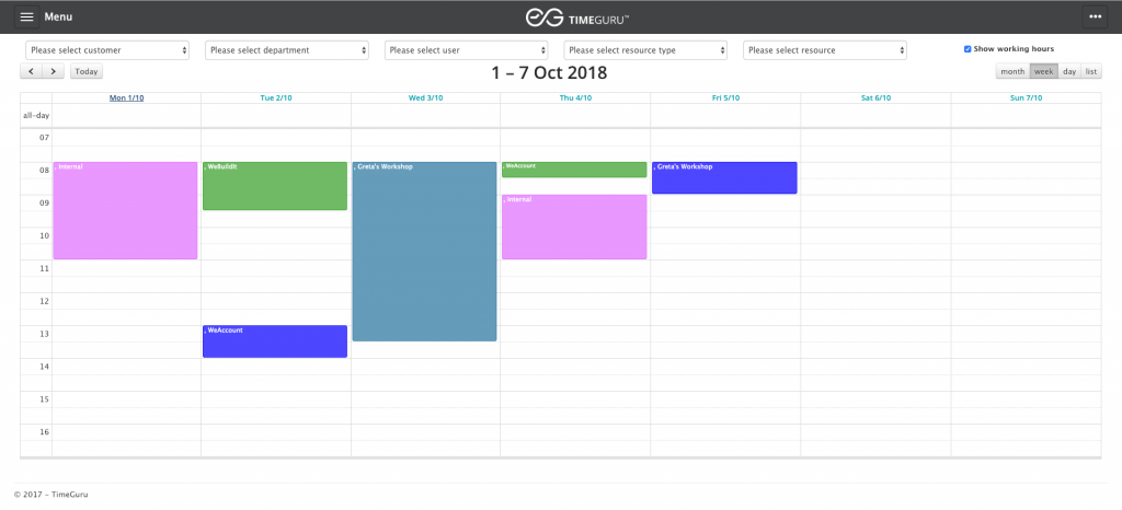 Screenshot of TimeGuru resource calendar, used for time and resource management. 