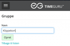 Viser læser hvordan oprettelse af projektgruppe ser ud i TimeGuru. Beskriver yderligere dybden af klippekort