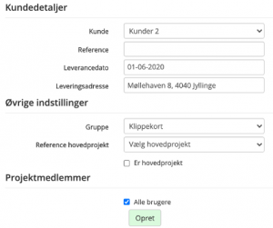 Viser kundedetaljerne ved projektoprettelse