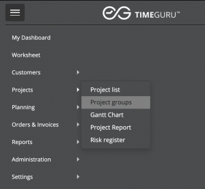 Menu of TimeGuru showing how to get to project groups