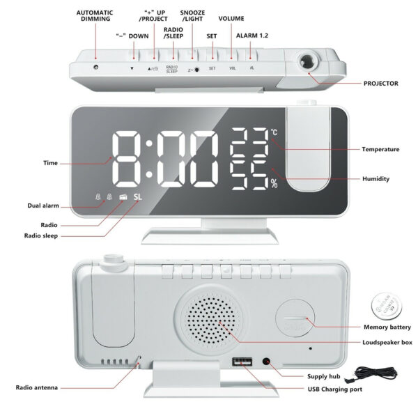 LED Big Screen Mirror Alarm Clock with Projection Display- USB Plugged in_5