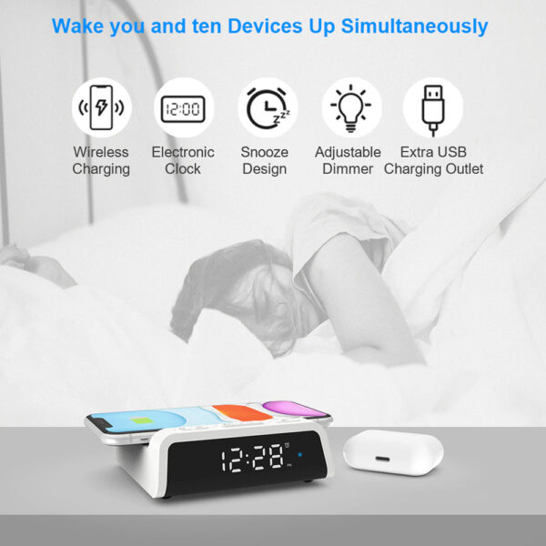 Digital Alarm Clock with Wireless Charger for QI Devices- USB Powered_4