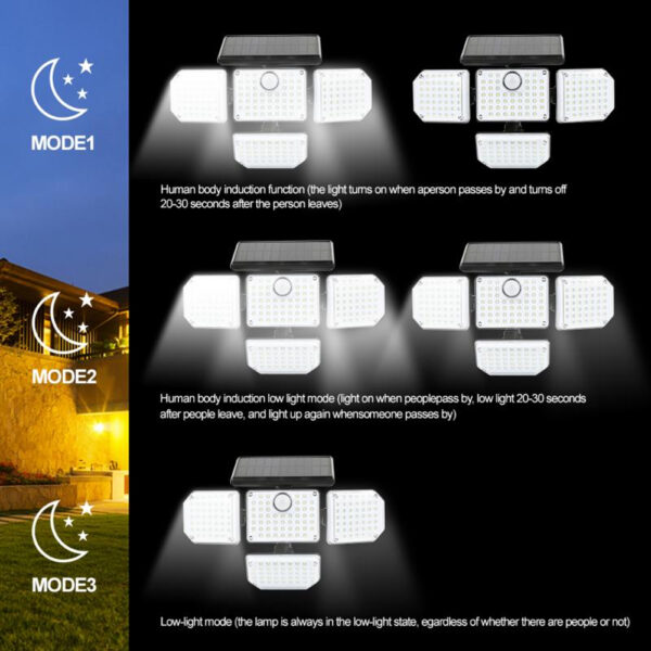 4 Heads Solar Motion Sensor PIR Wall Light with 3 Light Modes_8