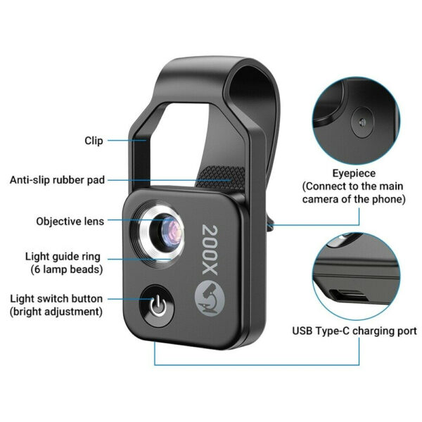 USB Rechargeable 200x Phone Clip-on Magnifier with LED Light_3