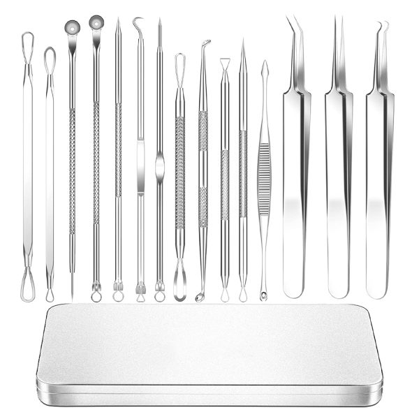 15Pcs Stainless Steel Blackhead Remover Pimple Popper Tools Kit with Metal Case_0