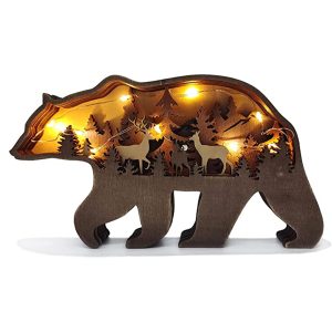 Forest Animal Wooden Tabletop Ornament with LED Light for Home Decoration_0