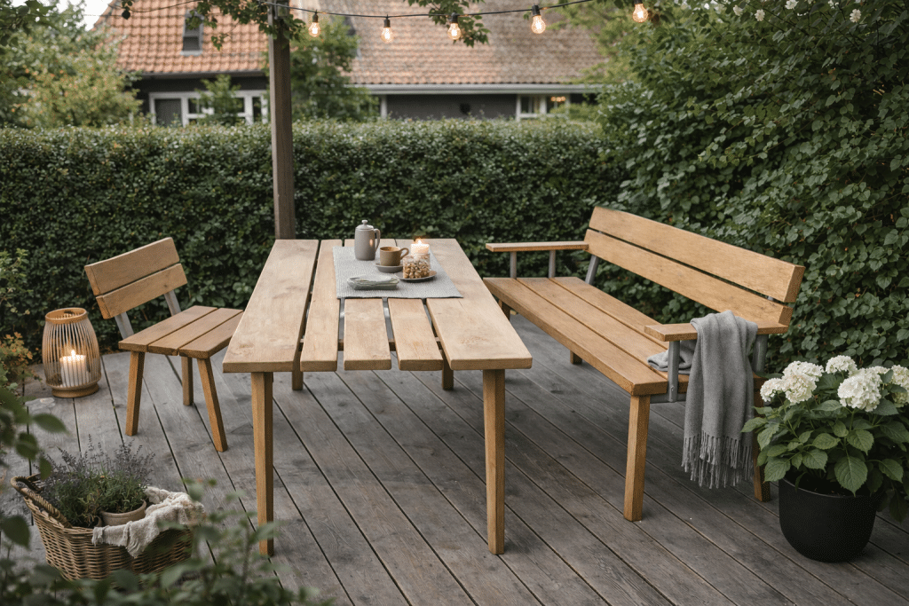 Træbord, havebord i træ i haven. Flot bord bænk og stol