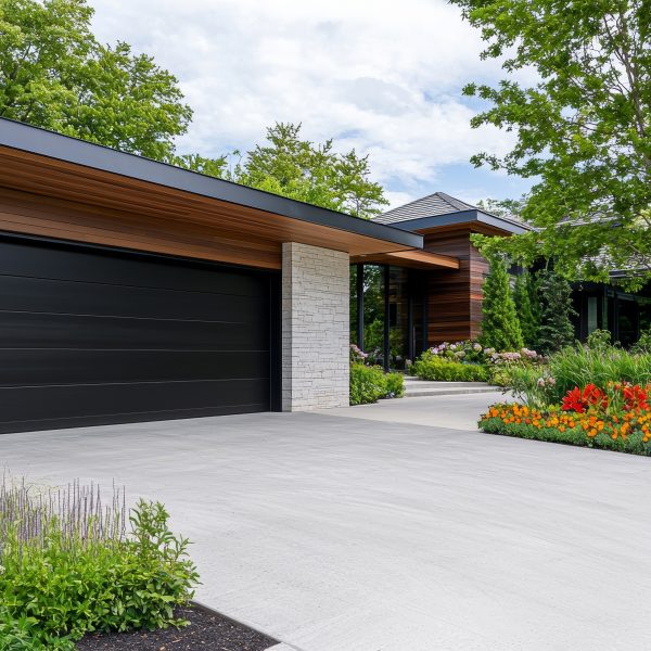 A modern house exterior with a sleek garage surrounded by vibrant gardens and lush greenery showcasing contemporary architecture and landscaping