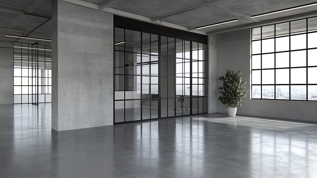 Modern Office Interior with Concrete Walls and Glass Doors Light Gradient Background with Room for Typography