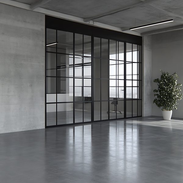 Modern Office Interior with Concrete Walls and Glass Doors Light Gradient Background with Room for Typography