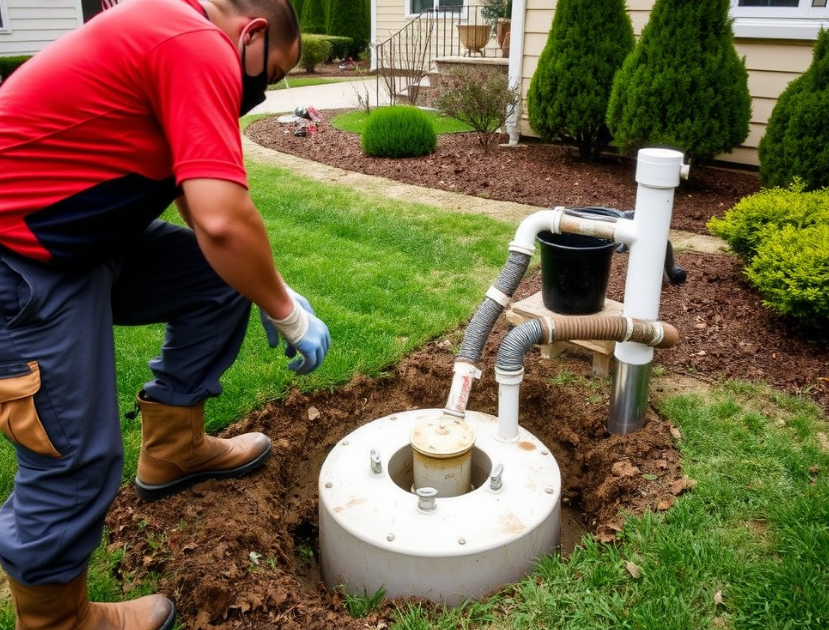 A professional technician inspecting and pumping a septic tank in a residential backyard, ensuring proper maintenance.
