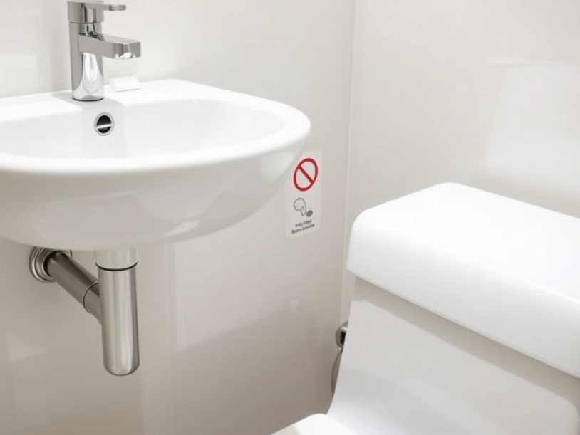 A close-up of a bathroom sink and toilet with a sign indicating proper waste disposal, showing what should and shouldn’t be flushed.
