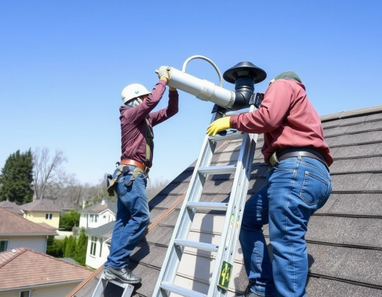 A homeowner or professional using a ladder to inspect and clean a rooftop septic vent pipe, ensuring clear airflow.
